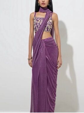 Purple Embellished Crop Top and Drape Saree Set
